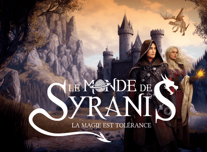 Logo de l'univers de Syranis, avec l'image de couverture du tome 3 de la trilogie "Le Roi dragon" en arri&egrave;re-plan.